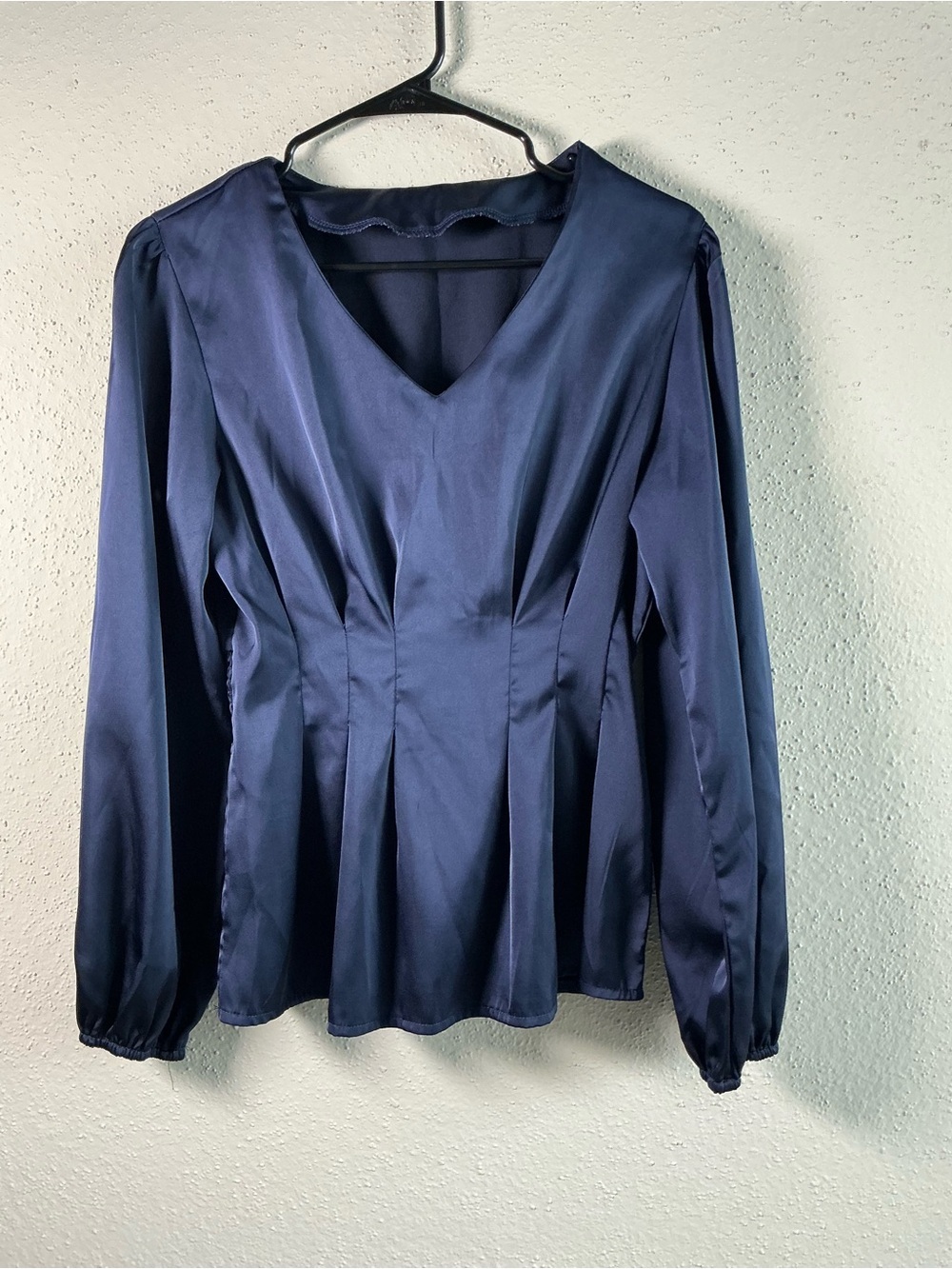 Women's Navy Satin V-Neck Long-Sleeve Top